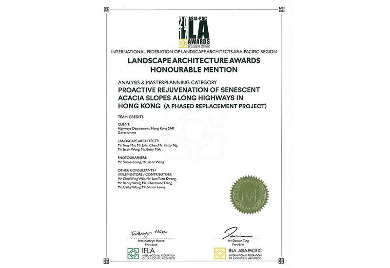 'The International Federation of Landscape Architects Asia-Pacific region Landscape Architecture Awards 2017 (Analysis and Master Planning category) Honourable Mention (Merit)' presented to Highways Department - 'Proactive Rejuvenation of Senescent Acacia Slopes along Highways in Hong Kong'